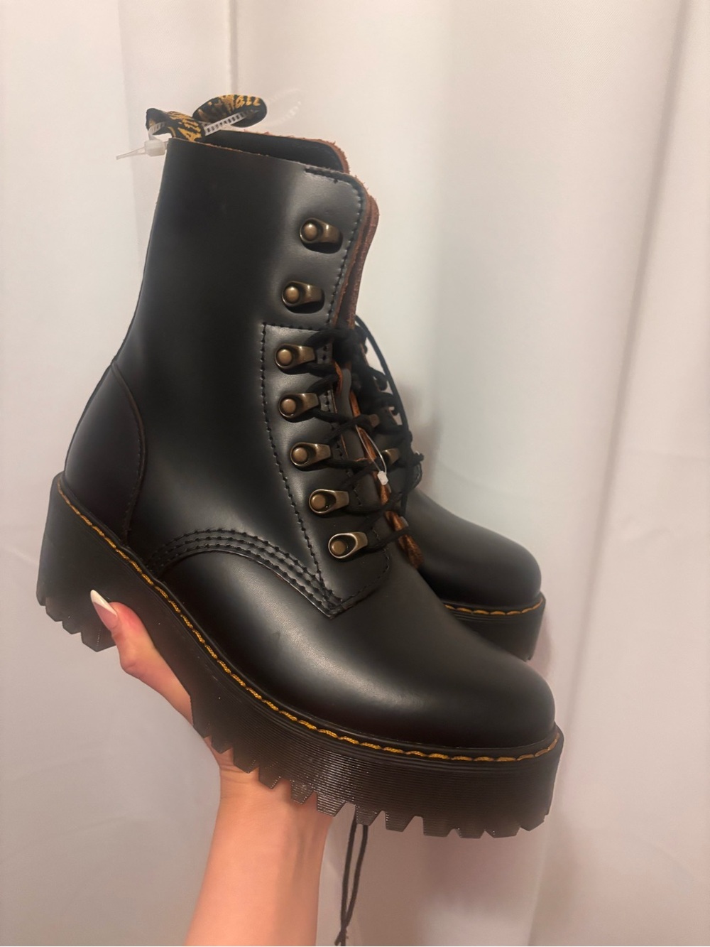 Dr. Martens Black Platform Lace-Up Combat Boots with Yellow Stitching